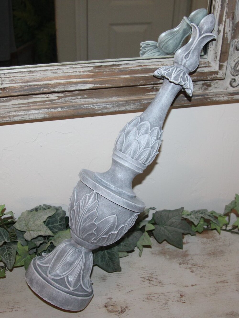 Large Ornate 21" Shabby French Country Cottage Frosted Gray Finial Decor Spire